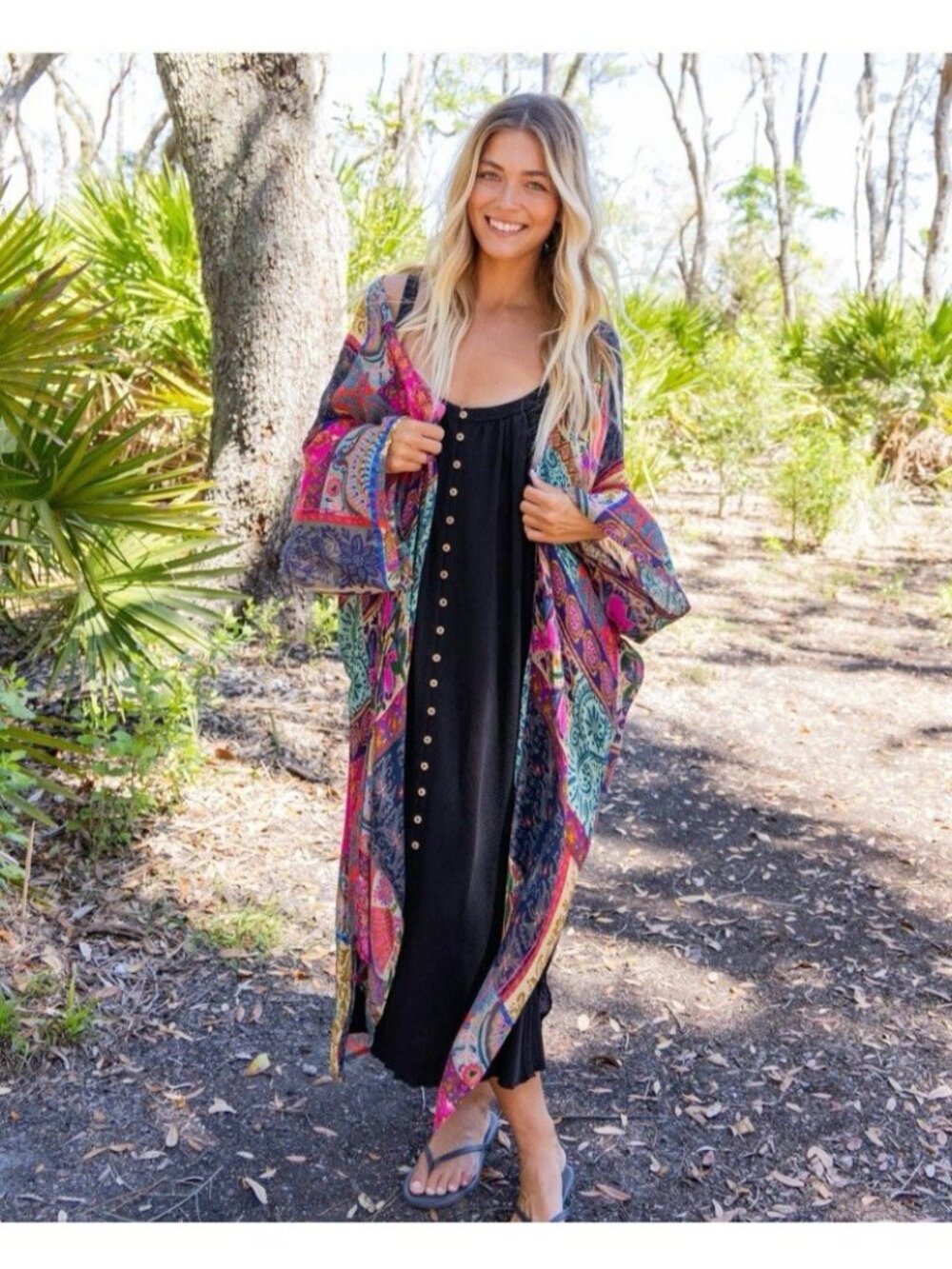 Natural Life Midi Dress Relaxed Button Down Sleeveless Black Beachy Boho
